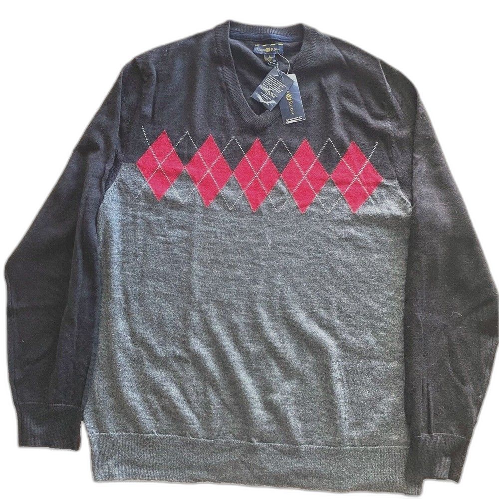 Club Room Men Sweater Pullover Merino Wool Argyle Grey/Red V-Neck Men Sz L NWT